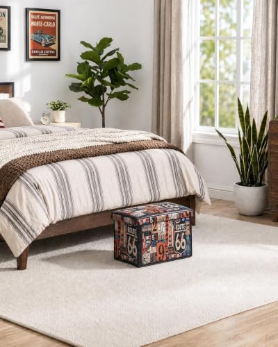 B FSOBEIIALEO Route 66 Storage Ottoman Bench, Faux Leather Foot Rest Seat for Living Room, Storage Organizer 16.54"x12.6"x12.6" - size: 16.54*12.6*12.6 inches