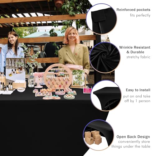 Nasitos 2 Pack Black Table Cloth Rectangle - 8 ft Spandex Stretch Tablecloths Fitted, Washable, Wrinkle-Free for Parties, Banquet & Trade Shows - color: Black, size: 8FT