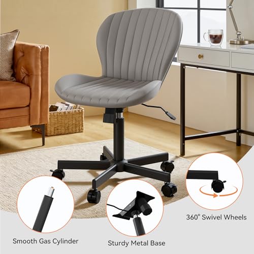 Armless Office Chair, PU Leather Office Chair with Wheels & Adjustable Height, Swivel Rocking Computer Chair, Ergonomic Soft Padded Office Chairs for Small Space, Study and Vanity, Grey - color: Grey