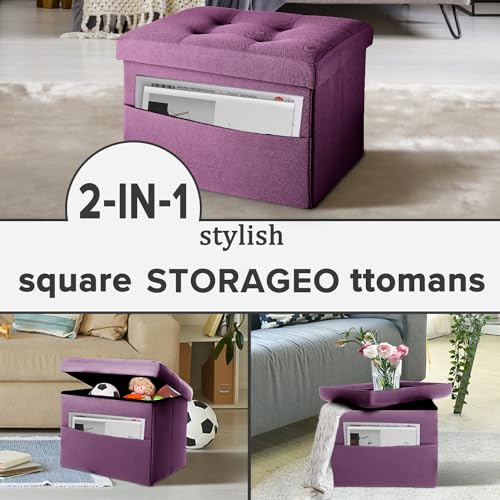 LINMAGCO Storage Ottoman Folding Foot Stool Foot Rest with Side Pocket Modern Ottoman with Storage Short Sofa Stool Linen Cloth 17x13x13(Purple)