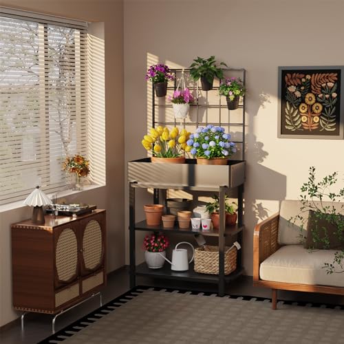 Metal Raised Garden Bed with Trellis & Legs | 2-tier shelf, 3 flower pots, 36" tall no-bend, rust-resistant, ideal for patio, balcony, vegetables, herbs & climbing plants