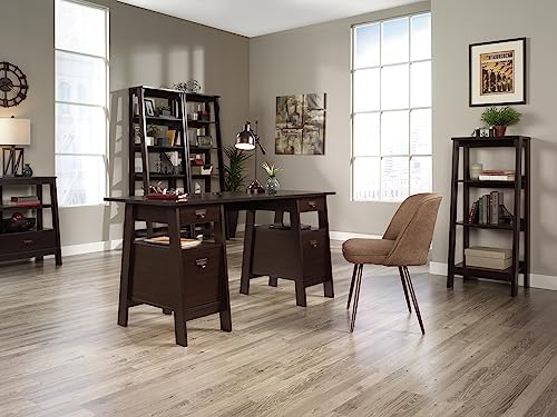 Sauder Ladder Bookshelf 5 Tier Trestle Ladder Shelf Wooden Bookcase, in Jamocha Wood - color: Chalked Chestnut