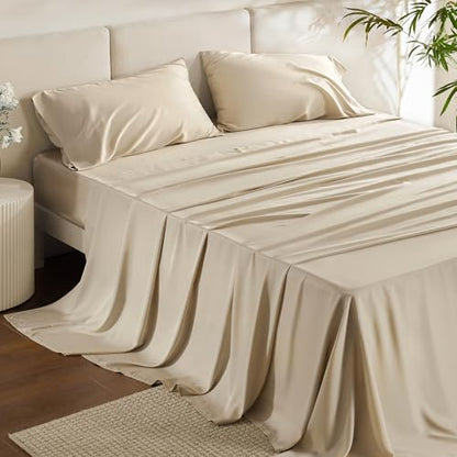 Bedsure PureWoven 100% Rayon Derived from Bamboo, Full Size Sheets, 4 PCS | Cooling Sheets for Hot Sleepers, Breathable & Silky Soft, 16" Deep Pocket, Hotel Luxury Bedding, Beige - color: 03 - Beige, size: Full