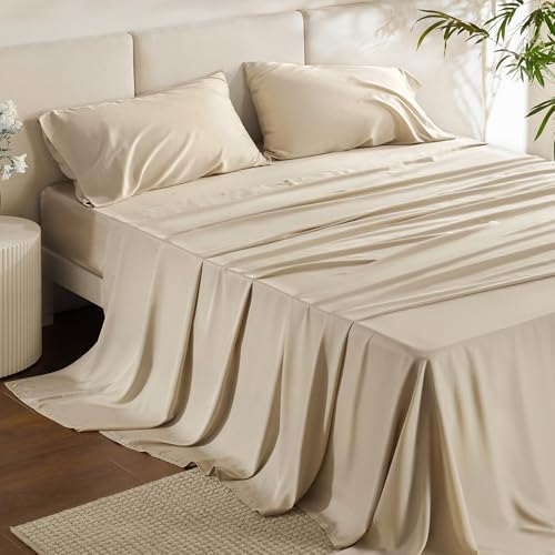 Bedsure PureWoven Rayon Derived from Bamboo, California King Sheet Sets | Cooling Sheets for Hot Sleepers, Breathable & Silky Soft, 16" Deep Pocket, Hotel Luxury Bedding, Beige - color: 03 - Beige, size: California King