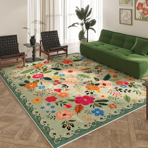 Rugcomf Area Rugs 9x12 Living Room Clearance Washable Boho Rug Non Slip Floral Vintage Low Pile Large Rug for Living Room, Bedroom, Farmhouse, Dining Room, Kids Playroom(Green) - color: Green, size: 9' x 12' (Rectangular)