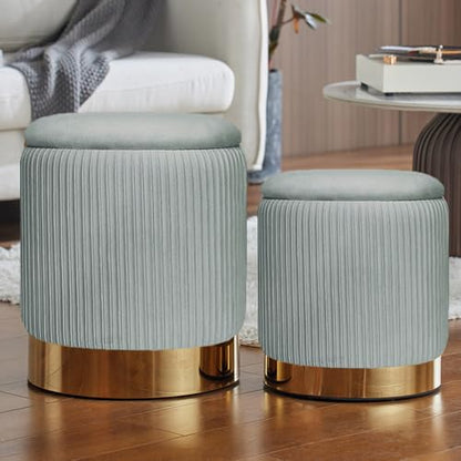 Round Ottoman with Storage Set of 2 Light Grey Velvet Vanity Stool | Upholstered,Small Ottoman Coffee Table, Removable Lid,Foot Stool for Living Room,Bedroom,Assembly Free,Gold and Light Grey - color: Light Grey