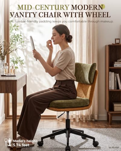 COMHOMA Home Office Desk Chairs with Ergonomic Curved Backrest, Mid Century Modern Vanity Chair with Wheel for Bedroom, Chenille Upholstered, Green - color: Green, Chenille