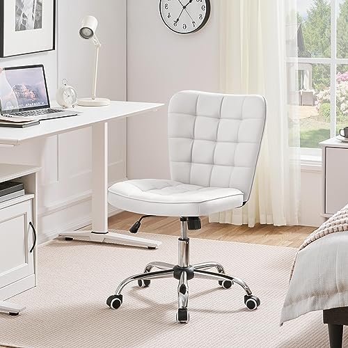 Yaheetech White Tufted Armless Office Desk Chair with Wheels, Faux Leather | Thick foam cushioned seat tilts back to relax, lifts 18-22 in, spins 360 degrees, holds 300 lb, and assembles with ease. - color: White