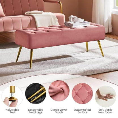 Yaheetech 45in Upholstered Velvet Ottoman Bench Seat with Gold Legs, Pink | Tufted Upholstered Bench Seat, Bed Bench with Tapered Gold Metal Legs, Sized for Window Seat Entryway Living Room - color: Pink