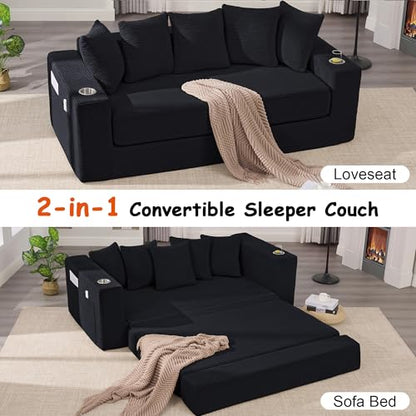 76" Convertible Sofa Bed, Corduroy Boneless Couch with Cup Holders & Pocket | 2-in-1 Sleeper Sofa, Pull-out Couch Bed with 5 Pillows, Living Room, Small Spaces, Bedroom, No Assembly - color: 76" Black