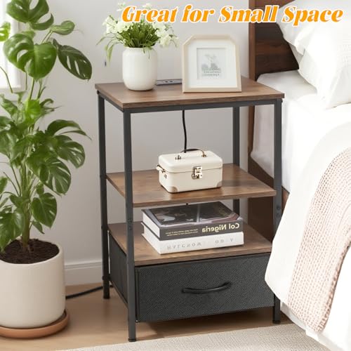 Night Stand with Charging Station, Bedside Table with Adjustable Fabric Drawers, End Table with LED Lights, Side Table with USB Ports Open Shelf for Bedroom, Black - color: Black