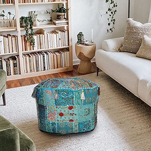 Indian Pouf Footstool Ethnic Embroidered Pouf Cover, Indian Cotton Round Pouffe Ottoman - Cover Only (Turquoise, 22x14) - color: Turquoise, size: 13"D x 13"W x 18"H