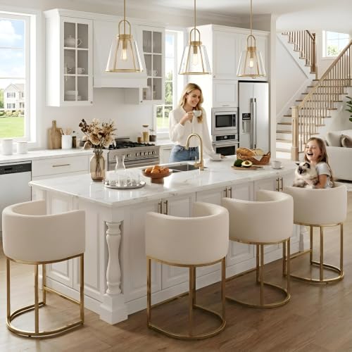 HNY Modern Counter Height Linen Cream Fabric Upholstered Counter Stool Set of 2, 24 Inch Kitchen Island Stool with Gold Metal Frame - color: 24inch Cream,gold Base