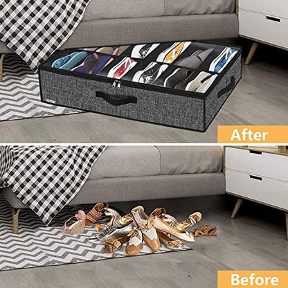 Onlyeasy Sturdy Under Bed Shoe Storage Organizer, Set of 2, Fit 12 to 24 Pairs, Underbed Shoes Closet Storage Solution with Clear Window, Breathable, L29.3 x W23.6 x H5.9, Linen-like Black, MXAUBSB2P - color: 2 Shoes (12+12 Cells) Linen-like Black