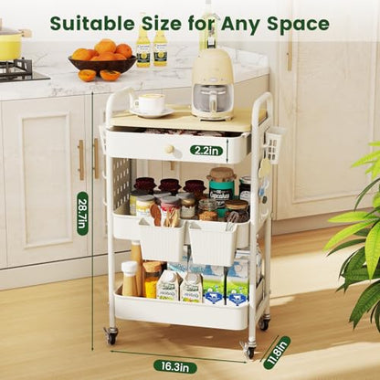 Rolling Utility Cart with Drawer, 3 Tier Rolling Cart with Wheels, Hooks & Hanging Cups, Craft Cart Art Cart Snack Cart Rolling Storage Cart with Wooden Table Top & DIY Pegboards, White