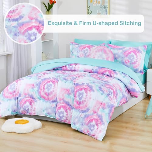 Tie Dye Kids Comforter Bed Set Twin Size for Girls, 6 Pieces Bed in a Bag with Shams, Sheet Set, A Toy Pillow Dark Pink Round Flower Twin Soft Microfiber Kids Comforter Bedding Set - color: Dark Pink Round Flower, size: Twin