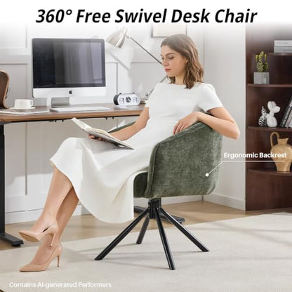 Swivel Desk Chair No Wheels Modern Upholstered Vanity Chairs Stationary | Comfy Dining Chairs with Mid Back Computer Task Chair Swivel Accent Arm-Chair for Home Office/Vanity/Bedroom, Green - color: Green