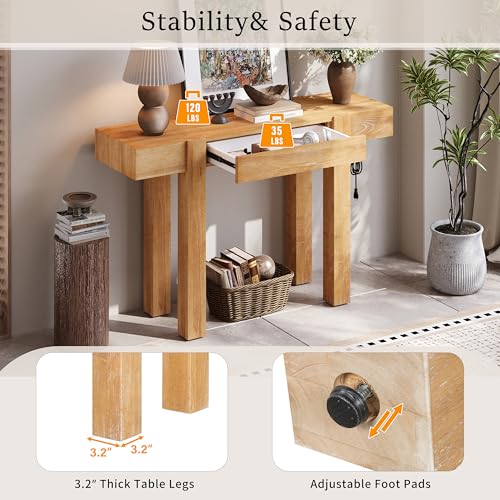 Rustic Console Table with Hidden Drawer, Wooden Sofa Table Behind Couch | Side Power Outlet,for Entryways, Living Room, Foyer, Natural - color: Nautral
