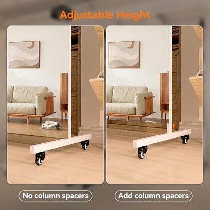 Hasipu 79" x 32" Full Length Floor Mirror on Wheels, White | Tempered glass, sturdy metal frame, smooth rolling casters, removable stand, ideal for gym, bedroom, dance studio - size: 78.7"L x 31.4"W