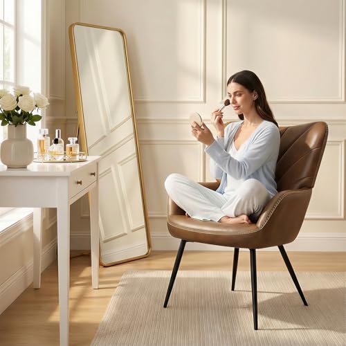 MALOL Modern Mid-Century Faux Leather Accent Chair, Upholstered Armchair with Curved Backrest, Sturdy Metal Base, Living Room, Bedroom & Reading Nook,Brown - color: Brown, size: set of 2