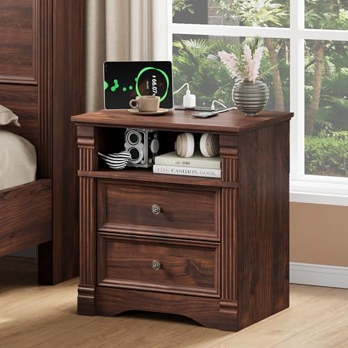 Walnut Nightstand with Charging Station, Farmhouse Bedside Table, End Table with 2 Drawers and Chic Wood Pilasters Design, Wood Side Table with Metal Handles for Bedroom, Living Room - color: Walnut, size: 15.7"D x 22"W x 23.6"H (2 Drawers)