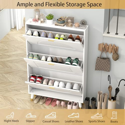 White Shoe Storage Cabinet: 32" Ultra Thin Small Shoe Cabinet | Modern Slim and Narrow Hidden Shoes Rack Organizer with Doors and 3 Flip Drawer for Entryway - size: 32"