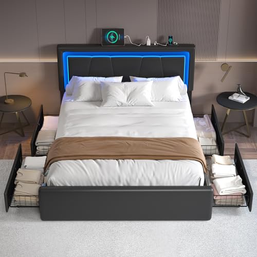 Full Size Bed Frame with 4 Storage Drawers, Upholstered Headboard, Black | Modern Bed, Charging Station, LED Light, Adjustable Height Headboard, Noise-Free, No Box Spring Needed, Easy Assembly - color: Black, size: Full