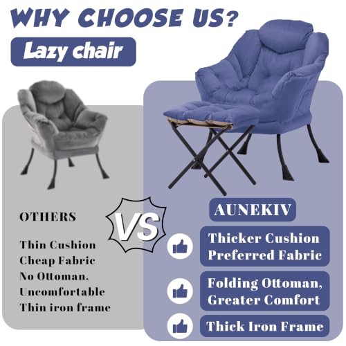 Lazy Chair with Ottoman, Comfy Reading Chair, Dark Blue | Cushioned Seat with Foldable Ottoman and Side Pocket, Lounge Chair for Bedroom, Living Room, Dorm and Small Spaces - color: Darkblue