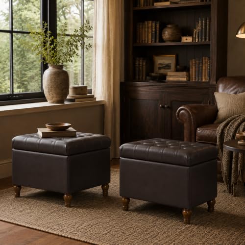 Spatial Order 24" Medium Tufted Storage Ottoman - Espresso Brown Faux Leather - color: Espresso Brown Faux Leather