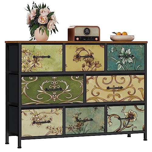 8 Drawer Dresser for Bedroom, Wide Vintage Fabric Chest of Drawers | Vintage Dresser for Closet, Fabric Storage Drawer Units, Retro Floral Dresser for Living Room, Hallway, Entryway, Wooden Top - size: 11.8"D x 39.4"W x 31.5"H (8 Drawers)