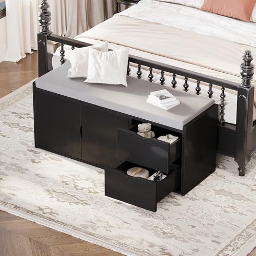 LVB 2-Tier Storage Bench with Padded Seat Cushion Shoe Bench with 2 Drawers | Removable Barn Doors & Adjustable Shelf, Industrial Shoe Bench for Hallway, Bedroom, Living Room,Black Oak, 40 Inch - color: Black Oak