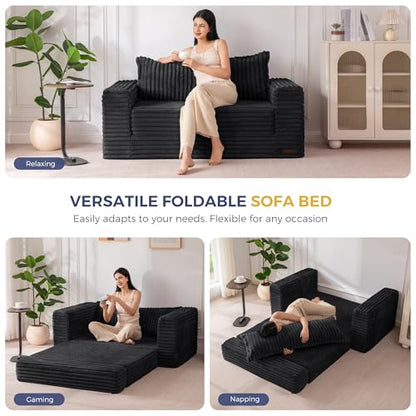 MAXYOYO Convertible Sofa Bed, Pull-Out Loveseat Couch Bed for Small Space | 2 in 1 Folding Couch Bed with Large Back Pillow, Plush Faux Fabric Lounge Couch for Living Room, Apartment, Black - color: Black