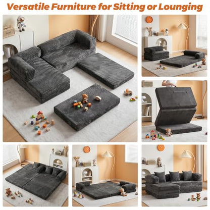 6-in-1 Boneless Couches L-Shaped Modular Sectional Sofa | Cloud Couch Sectional & Tri-Folding Mattress | Corduroy Pet-Friendly Convertible Sofa Bed with 800LB Capacity Apartment, Guest Room - color: Grey 2
