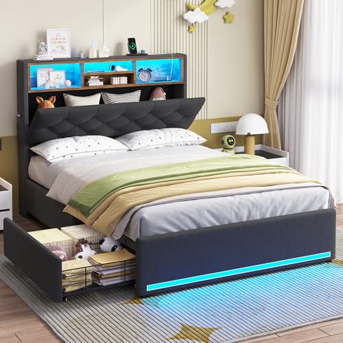 HAUOMS Twin Size Bed Frame with Headboard and 4 Drawers, Grey Upholstered | Storage Headboard with Charging Station and LED Lights, Platform Bed with 5 Shelf, Noise Free, for Kids,Boys - color: Linen Grey, size: Twin (U.S. Standard)