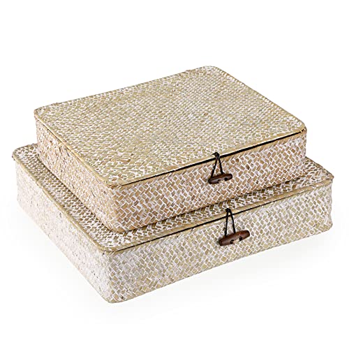 Hipiwe Set of 2 Flat Woven Wicker Basket Bins with Lid Natural Seagrass Box | Decorative Storage Basket Multipurpose Home Organizer Bins Boxes for Shelf Organizer (Whitewash) - color: Whitewash