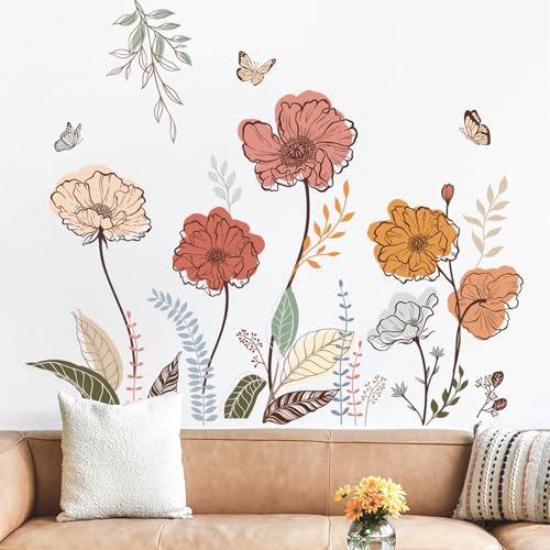 wondever Boho Flower Wall Stickers Wildflower Floral Grass Peel and Stick Wall Art Decals for Living Room Bedroom TV Wall | Peel and Stick, Removable, Wall Art Decals, Wall Decoration, Living Room Bedroom, Office Sofa TV Home Wall Decor