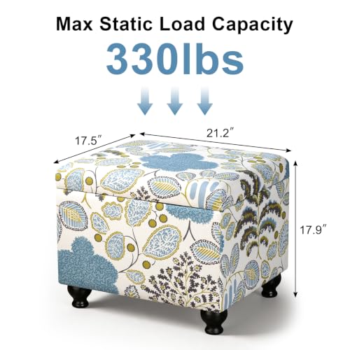 Adeco Colorful Storage Ottoman with Storage, 21" Linen Fabric Ottoman Foot Rest Stool with Hinged Lid with Blue Leaf Pattern, 360 LB Load Capacity, Living Room, Bedroom, Entryway - color: Blue Leaf Pattern