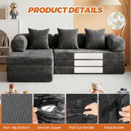 6-in-1 Boneless Couches L-Shaped Modular Sectional Sofa | Cloud Couch Sectional & Tri-Folding Mattress | Corduroy Pet-Friendly Convertible Sofa Bed with 800LB Capacity Apartment, Guest Room - color: Grey 2