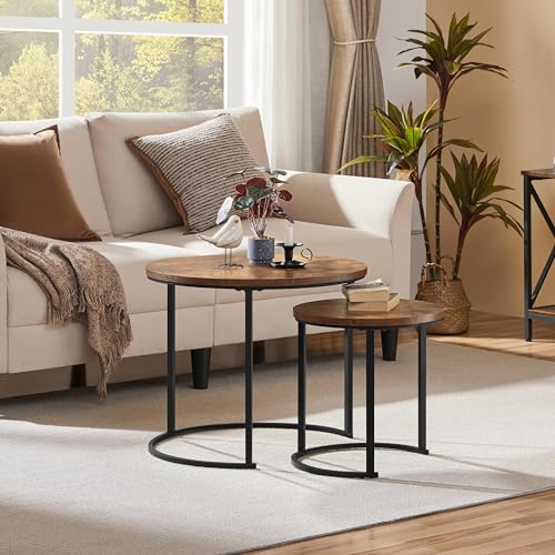 Yaheetech Small Round Nesting Coffee & Side Table Set of 2, Rustic Brown | Space-Saving Nesting Design, Engineered Wood Tops on Black Metal Frames, Use Apart as End Tables, Easy Assembly, 99 lb Max - color: Rustic Brown