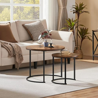Yaheetech Small Round Nesting Coffee & Side Table Set of 2, Rustic Brown | Space-Saving Nesting Design, Engineered Wood Tops on Black Metal Frames, Use Apart as End Tables, Easy Assembly, 99 lb Max - color: Rustic Brown