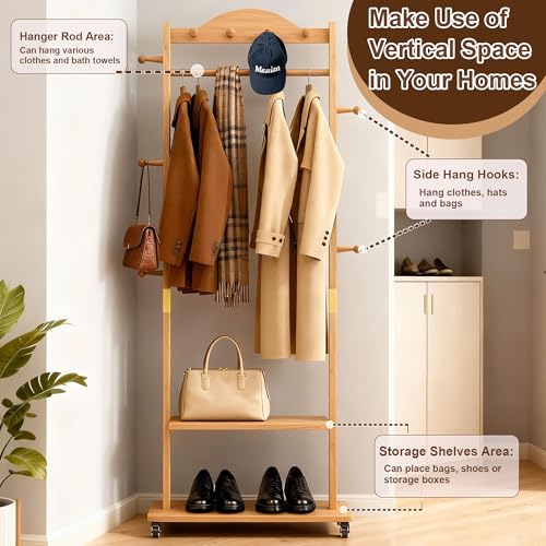 Natural Solid Wood Coat Rack Freestanding with Wheels - Heavy Duty Clothes Rack with 2 Storage Shelves & 9 Hooks, Wooden Coat Rack Stand Hat Hanger Rack for Bedroom Entryway Living Room Hotel - color: Wood