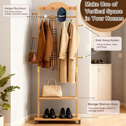 Natural Solid Wood Coat Rack Freestanding with Wheels - Heavy Duty Clothes Rack with 2 Storage Shelves & 9 Hooks, Wooden Coat Rack Stand Hat Hanger Rack for Bedroom Entryway Living Room Hotel - color: Wood