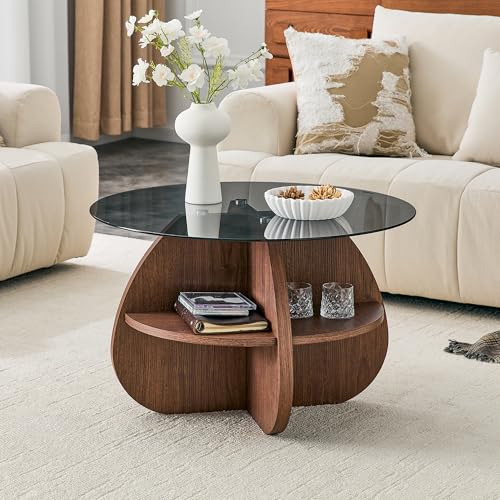29.5" Round Coffee Table, Mid-Century Modern Center Table with Tempered Glass Top and Storage Shelves, Walnut Wood Base with Open Storage for Living Room, Apartment, Small Space - color: Walnut, size: 29.5" Fan-Shaped