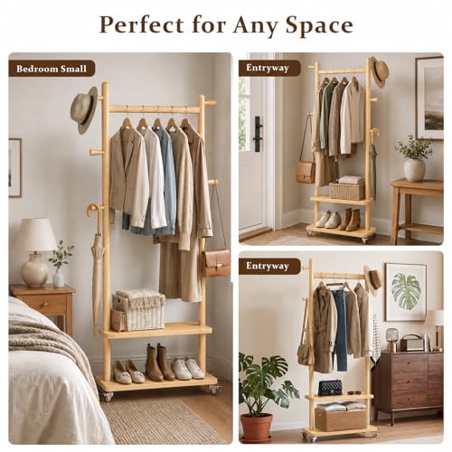 Coat Rack Freestanding Solid Wood Clothes Rack with Wheels | Space Saving, Stable 5 Hooks 2 Shelves Coat Tree, Silent 360 Degree Wheels, Heavy Duty 150 lb Capacity for Entryway Bedroom - color: Natural Wood, size: L: 23.6" x W: 11.8" x H: 70.9" (With Whee