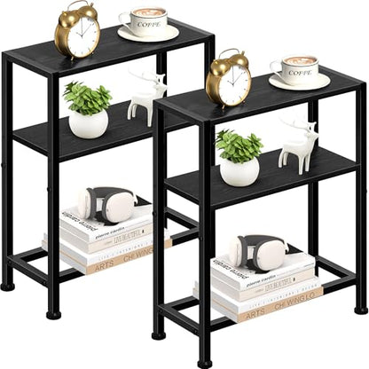 Narrow Side Table Set of 2 for Small Space, 2-Tier Small End Table with Shelf Holder, Slim Nightstand, Skinny Snack Couch Table in Living Room, Bedroom, Study, Kitchen and Balcony (Black) - color: Black