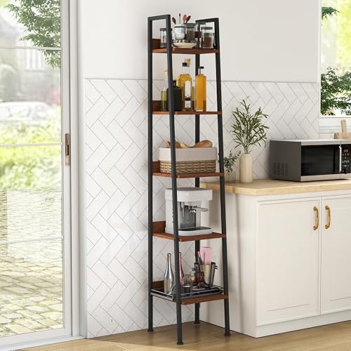 5 Tier Ladder Shelf,13.5” Wide Tower Storage Shelf,Walnut | Skandiquip 13.5” Narrow Ladder Shelf, Steel Frame Anti-Tip Tall Storage Tower for Books & Plants, Kitchen Living Room Office - color: Walnut, size: 5 Tier