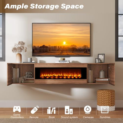 EAG 70'' Floating TV Stand with Fireplace, Modern Wall Mounted Entertainment Center with Storage for TVs Up to 80", High Gloss Media TV Console for Living Room, Decorative Faux Fireplace, Brown