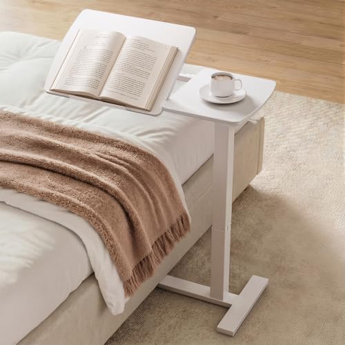 Sakugi Overbed Bedside Table with Wheels, Right-Side Tilt Top, Laptop Desk | Home & Office, Hospital Bed Table, Rolling Bed Tray, Height Adjustable, White,12.9" D × 27.6" W × 29.1"–39" H - color: White