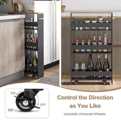 Slim Storage Cart, 4-Tier Rolling Cart with Handle & Wooden Top for Kitchen Bathroom Laundry Living Room Narrow Small Spaces, 5 Inches Width (Grey & Natural) - color: Grey & Natural