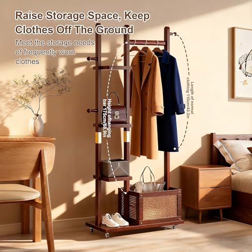 Solid Wood Clothes Rack with Wheels, Rolling Clothing Rack with 4 Shelves & 4 Hooks, Oak Coat Rack Freestanding Heavy Duty with Storage Basket, Coat Hanger Stand for Garment Bags Wallets Hats Shoes - color: Walnut